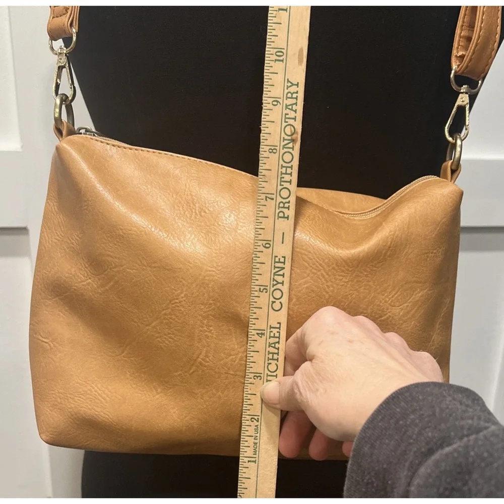 Tan Faux Leather Crossbody Bag Chevron Lining Adjustable Strap Brown Messenger